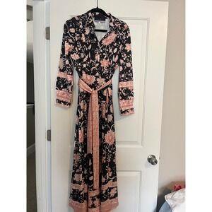 Dalia MacPhee Floral Maxi Shirt  Dress Black Pink  Belted Button Front L